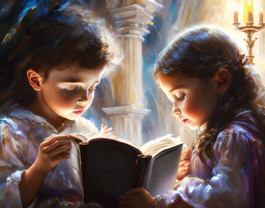 Vintage Dresses: Young Girls Reading Book in Sunlit Setting