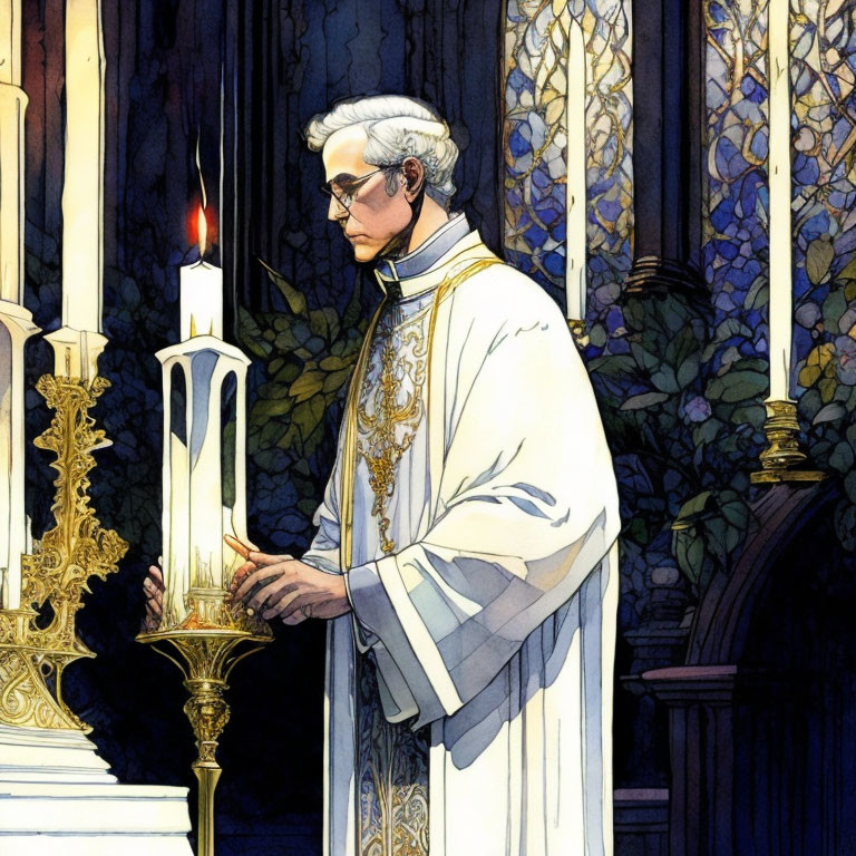 Illustrated clergyman in white vestments at altar with candles and stained glass windows