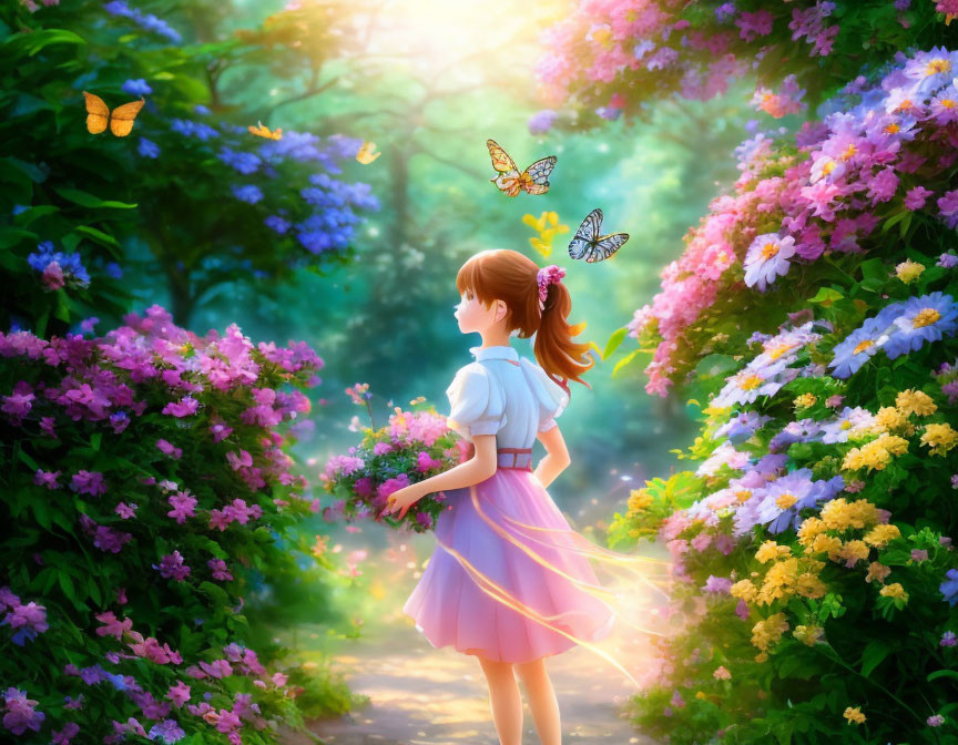 Girl in Pink Skirt Surrounded by Flowers and Butterflies in Sunlit Forest Glade