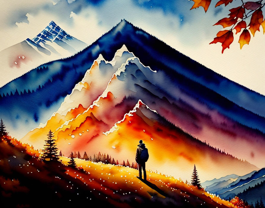 Colorful Watercolor Painting of Person Silhouetted Against Sunset Mountains