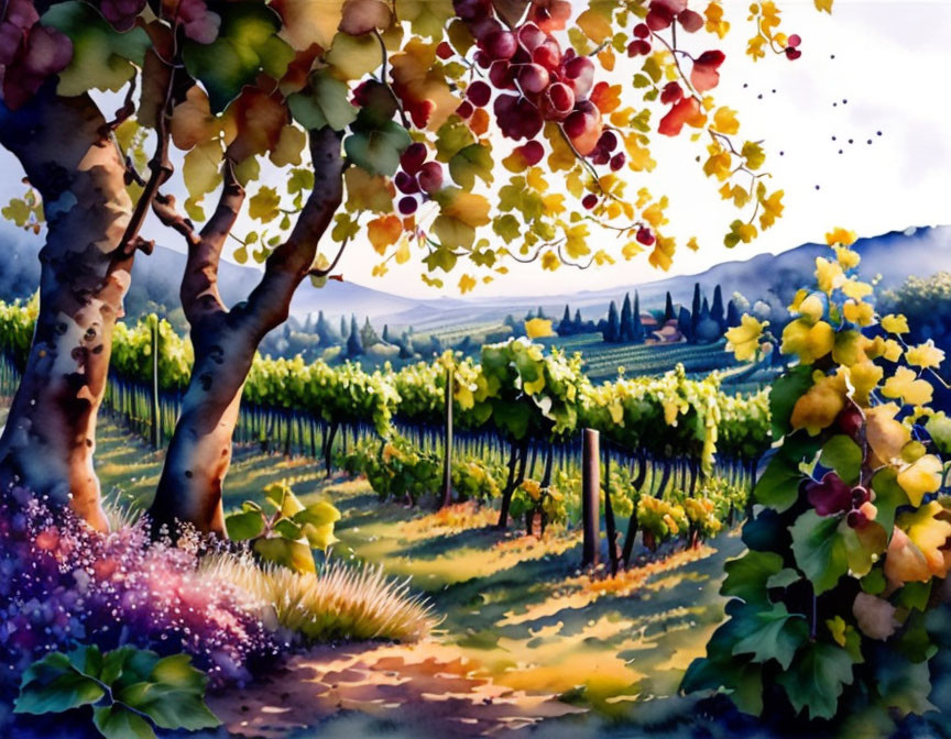 Scenic watercolor of lush vineyard landscape