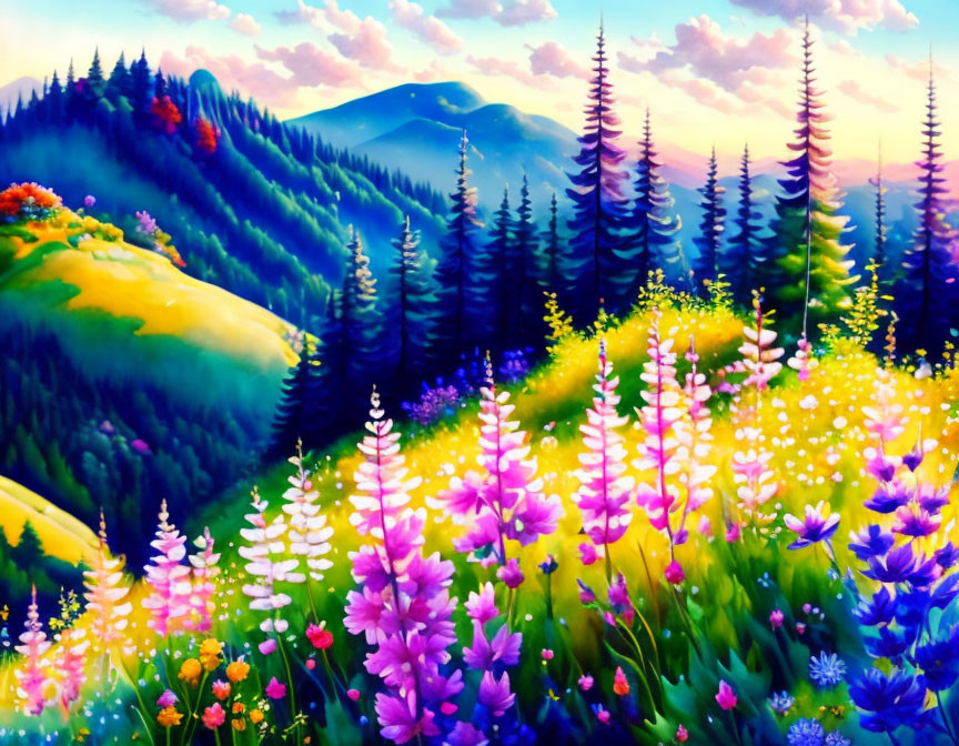Colorful Landscape with Blooming Flowers and Rolling Hills