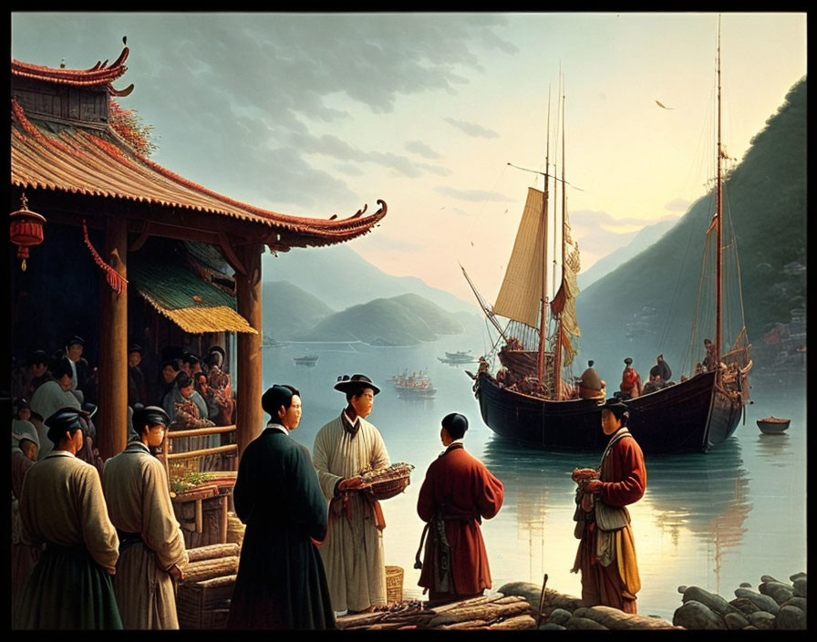 Asian waterfront scene with period attire figures, wooden boat, temple, calm waters, mountains at dusk