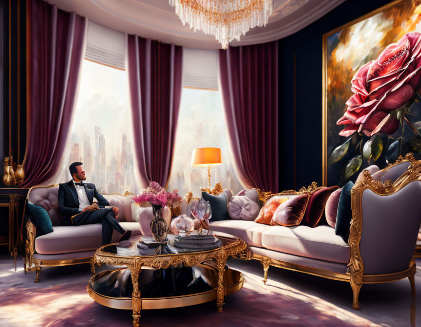 Man lounging in opulent room with city view & artistic decor