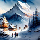 Snowy Winter Scene: People Walking to Cozy Houses Amidst Mountains