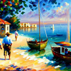 Colorful seaside painting with beachgoers and boats in coastal town