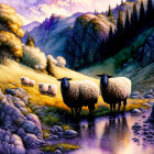 Tranquil landscape with sheep, water, greenery, rocks, and mountains