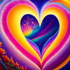 Colorful cosmic heart with stars, crescent moon, and fractal patterns