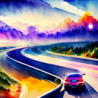 Colorful futuristic highway illustration with sleek cars and luminous fantasy landscape.