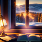 Antique Lamp on Windowsill with Snowy Landscape View