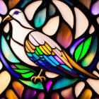 Colorful Stained Glass Window with Dove and Intricate Patterns