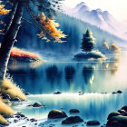 Scenic lake with colorful foliage, mountains, and hazy sky