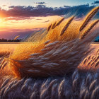 Sunset over golden wheat field with sunbeams and swaying wheat ears