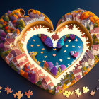 Heart-shaped puzzle-piece artwork featuring town landscape and floating islands on serene blue background
