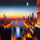 Futuristic cityscape at dusk with illuminated buildings and river