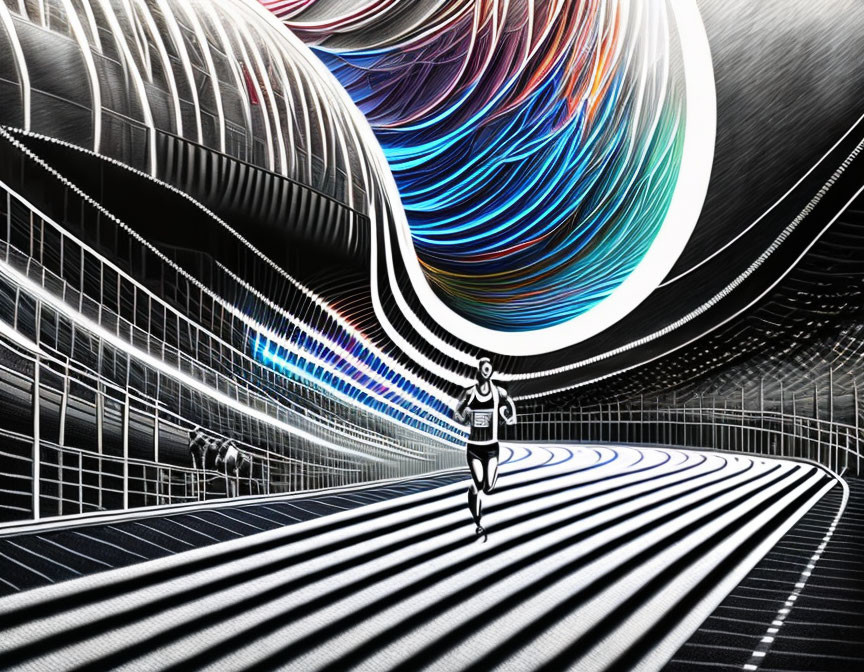 Futuristic jogging track with vibrant light patterns and abstract architecture