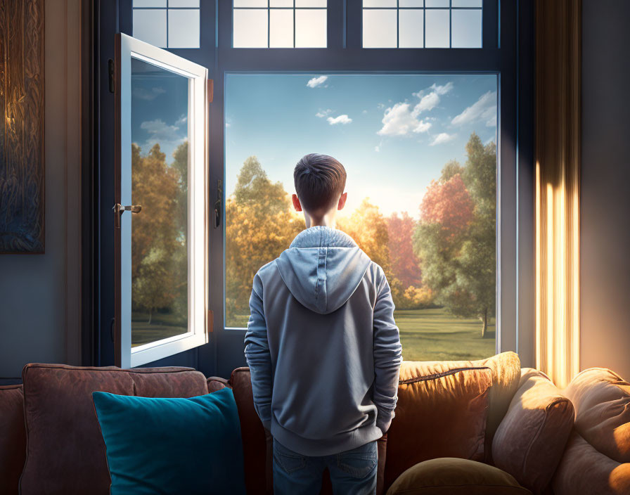 Person admiring autumn landscape through open window
