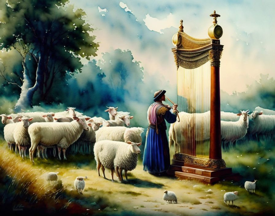 Historical figure playing golden harp outdoors with sheep in grassy landscape