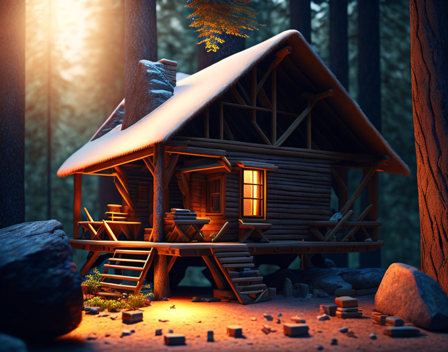 Cozy log cabin in snowy forest at dusk