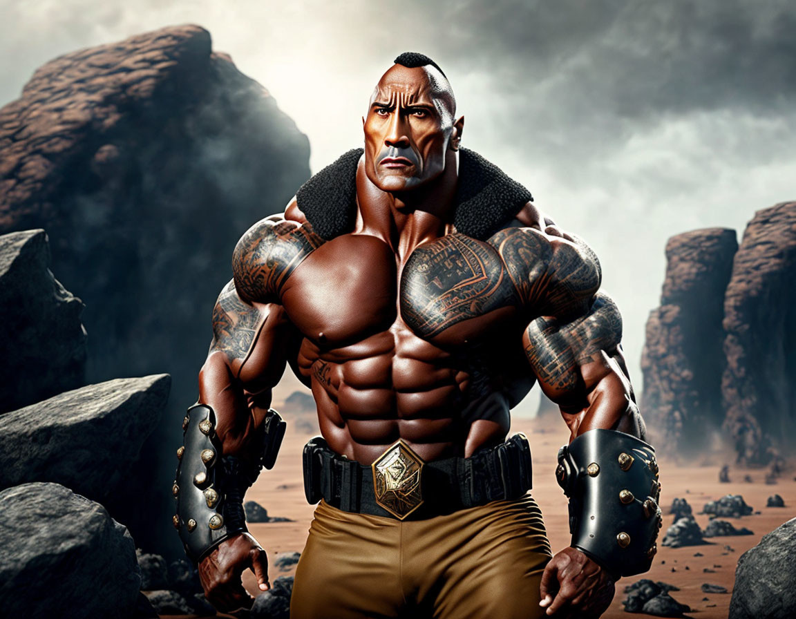Muscular animated character with tattoos in desert setting.