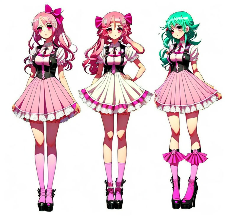 Three anime-style girls in matching maid outfits with pink, pink with blonde, and green hair pose side