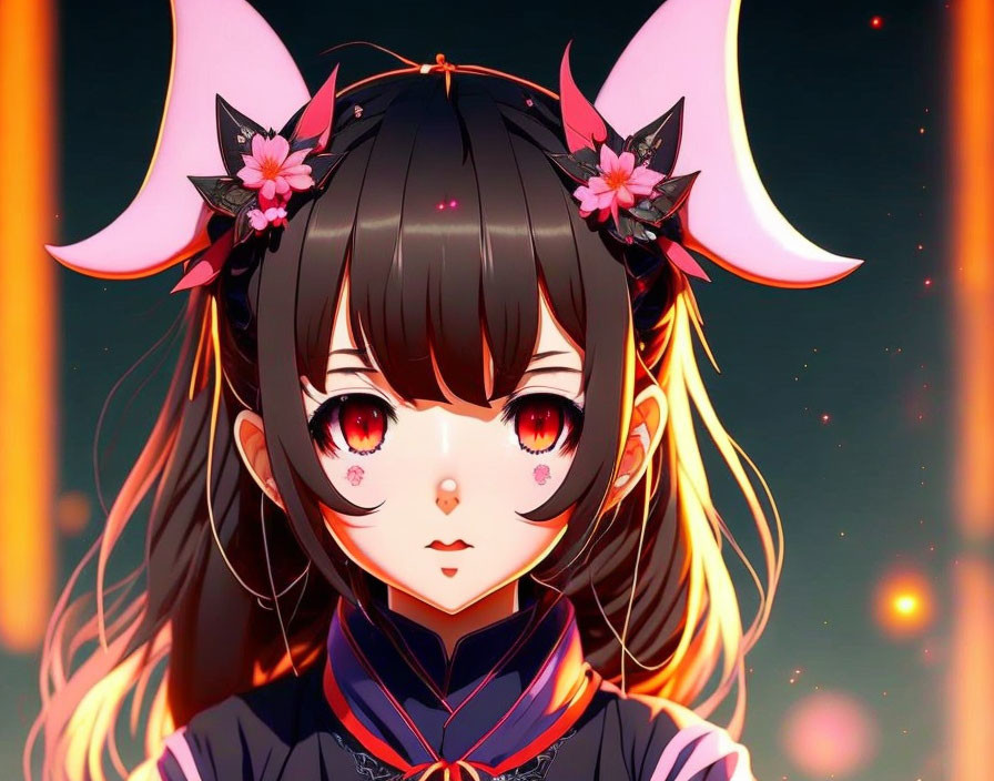 Anime-style character with red eyes and black hair in horned headband on orange background