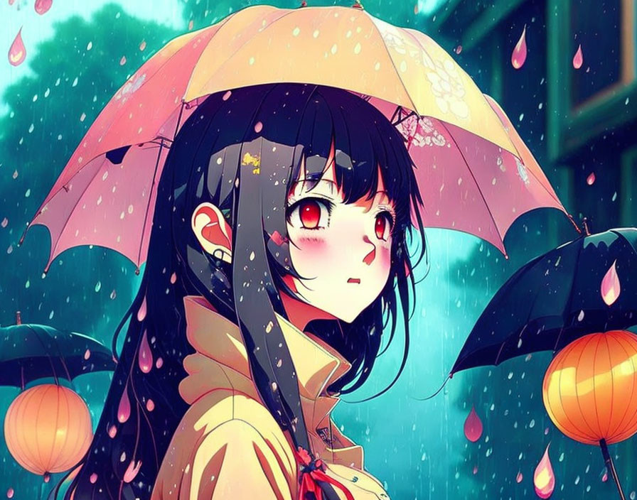 Black-haired anime girl with red eyes holding transparent umbrella in rain, lanterns glowing.