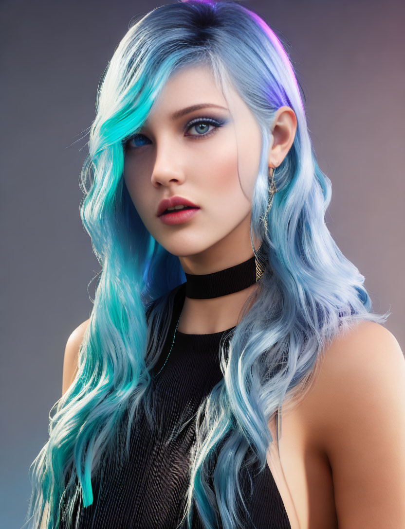 Blue Ombre Hair Woman with Waves and Blue Eyes on Gradient Background
