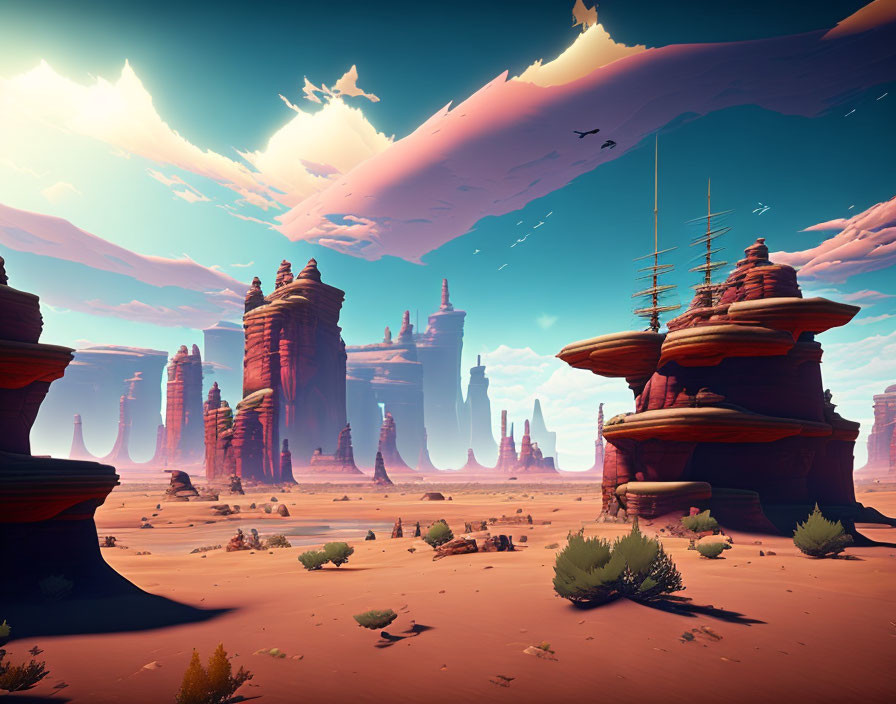 Surreal desert landscape with towering rock formations and pinkish clouds