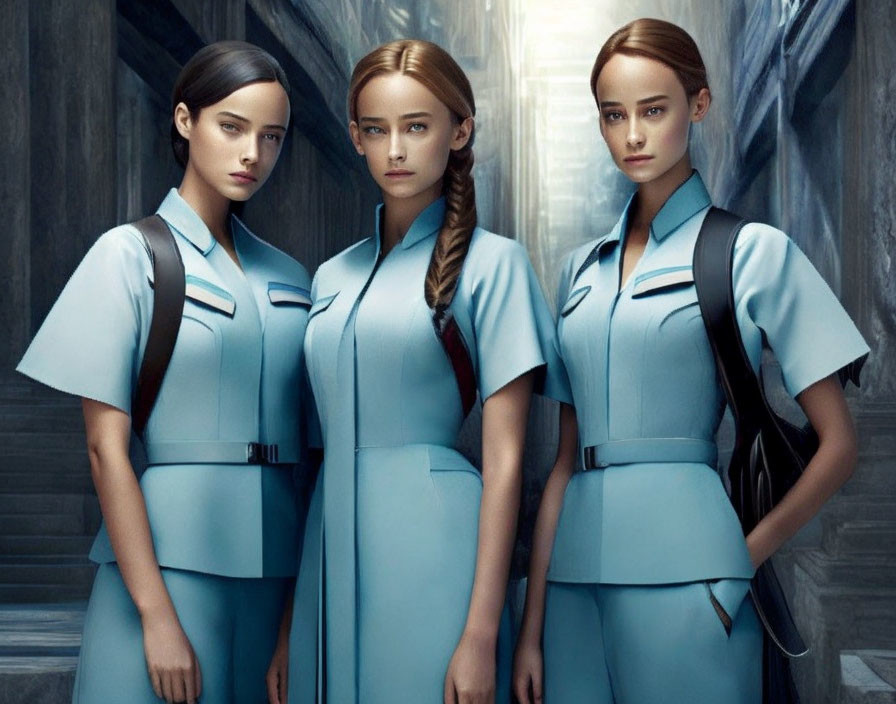 Three identical female figures in blue uniforms standing in a corridor.