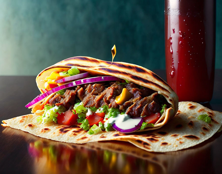 Savory grilled steak wrap with fresh veggies and sauce, paired with a cold drink