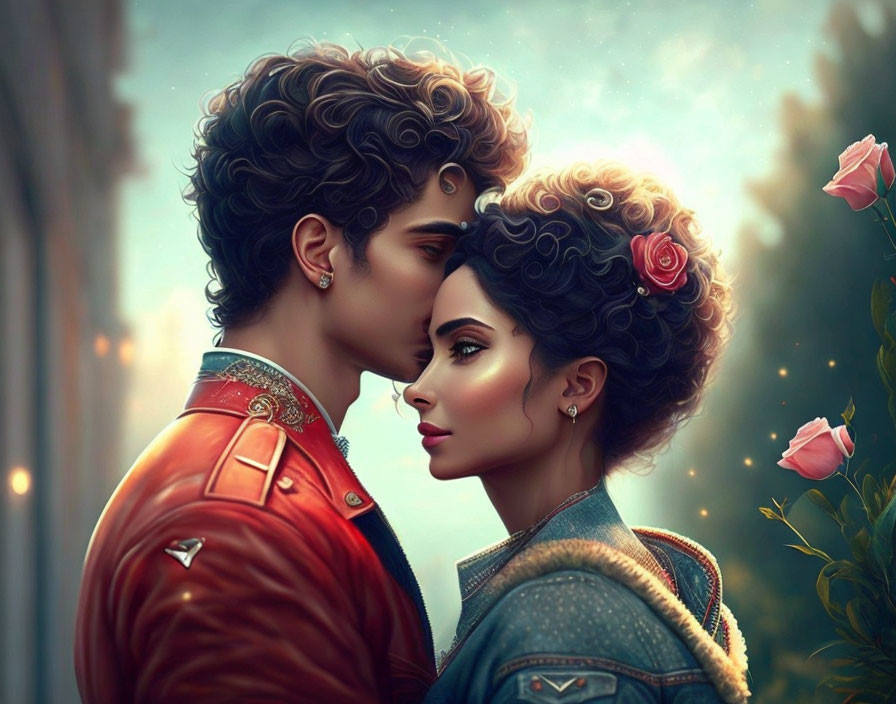 Stylized characters in vintage attire with detailed curly hair embrace among roses