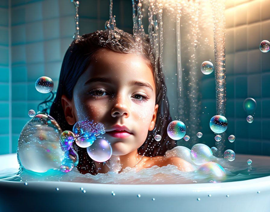 A girl relaxing foam and soap bubbles