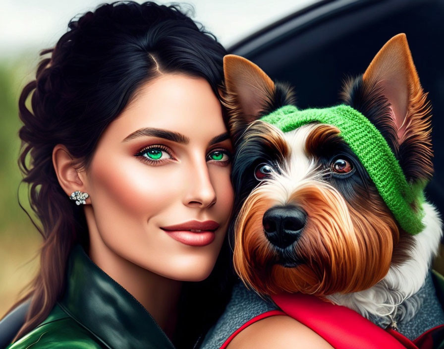 Digital illustration of woman with green eyes and Yorkshire Terrier in car window