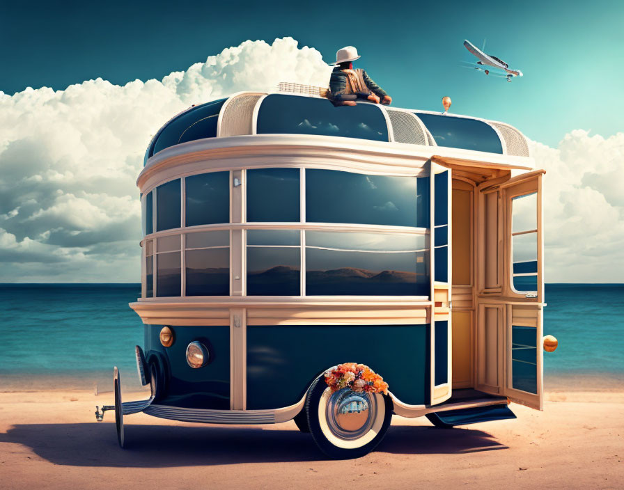 Vintage trailer on beach with person, blue sky, clouds, and airplane