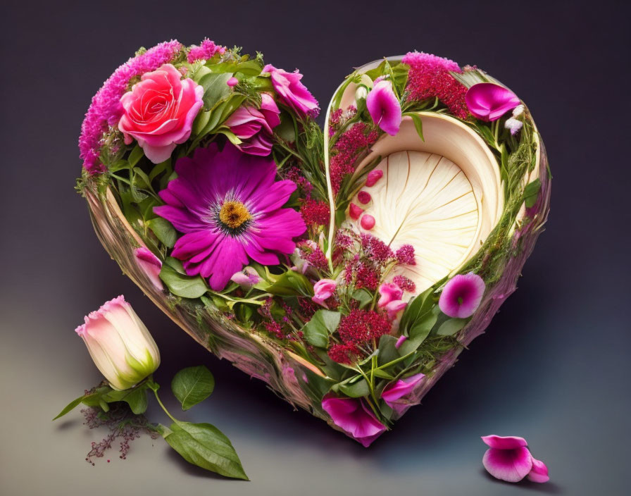 Heart-shaped floral arrangement with pink roses and purple flowers on dark background