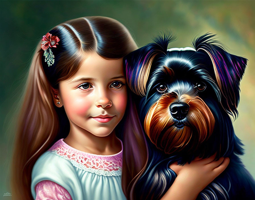 Young girl with hair clip holding black and tan fluffy dog with perky ears