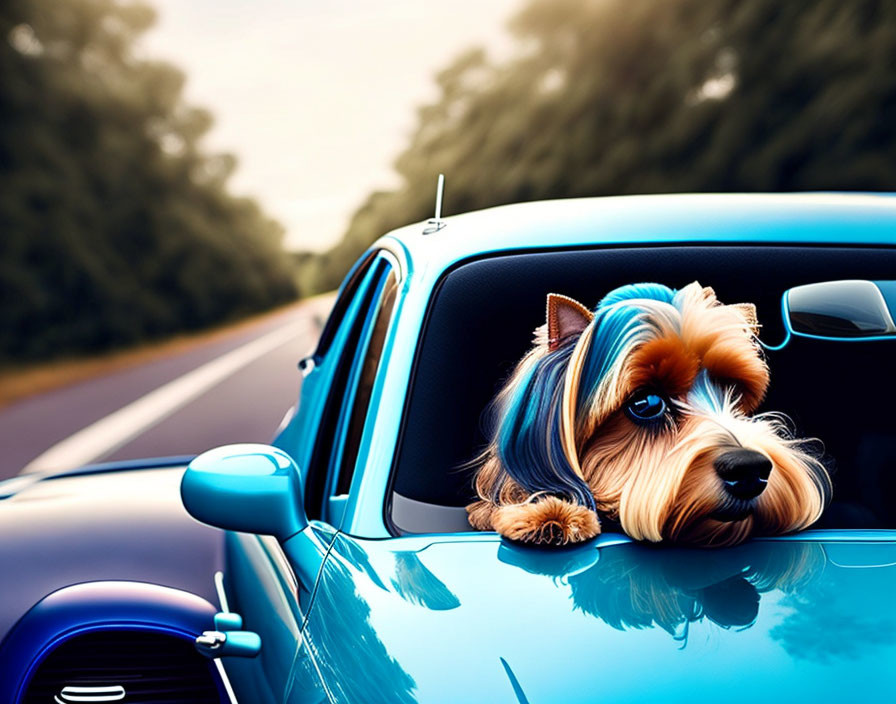 Yorkshire Terrier with blue bow in hair in passenger window of blue car on lush road