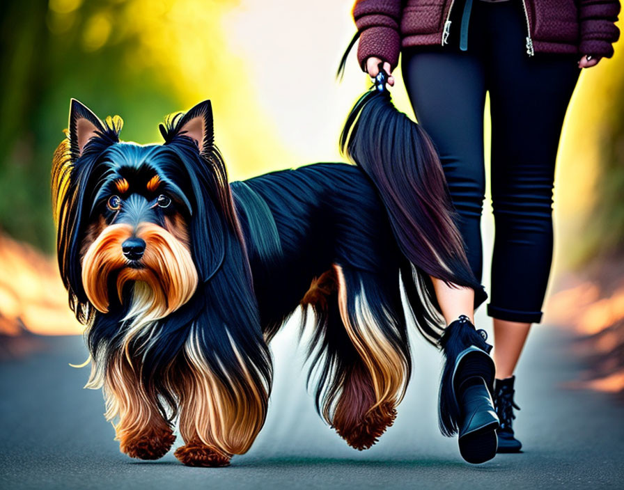Small Yorkshire Terrier with glossy coat walking next to person in autumn setting