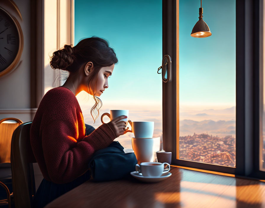 Woman in Red Sweater Enjoying Coffee by Sunrise Window