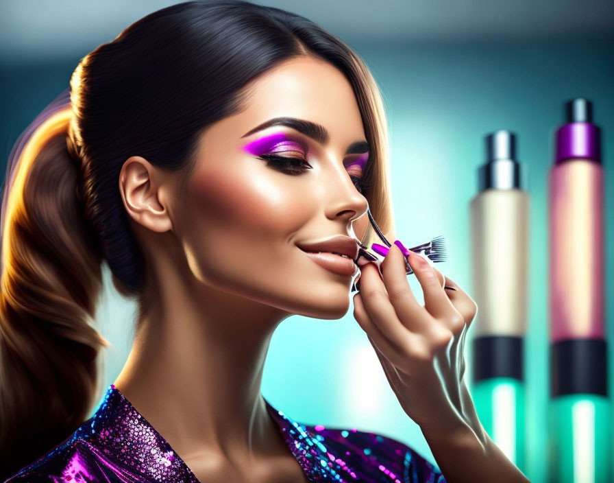 Woman with glamorous makeup using eyelash curler amidst colorful cosmetic bottles.