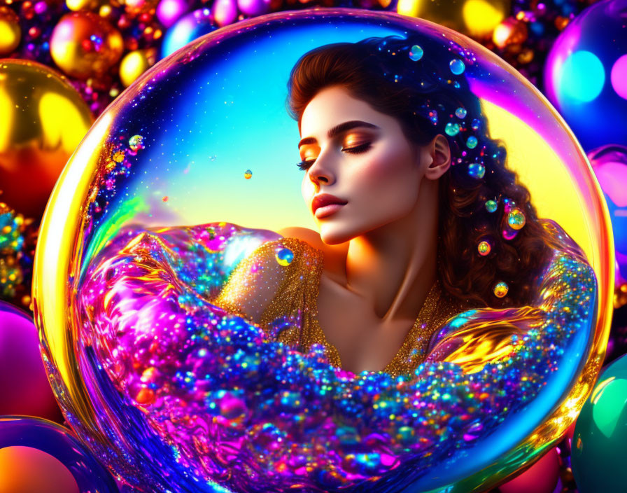 Colorful Portrait with Sparkling Effects and Glossy Spheres in Fantasy Setting