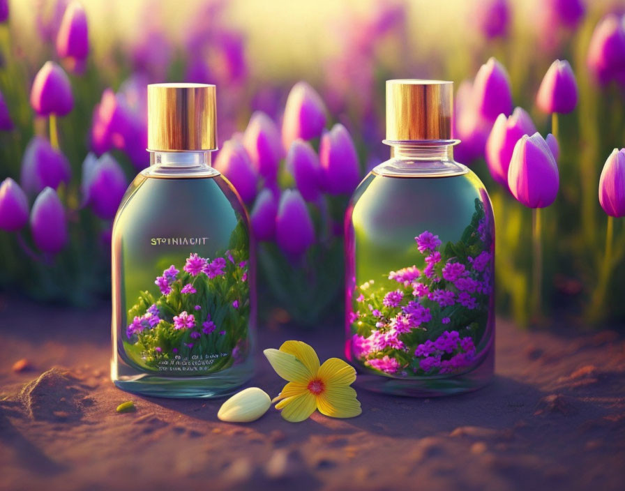 Perfume Bottles with Purple Tulips and Yellow Flower in Soft Sunlight