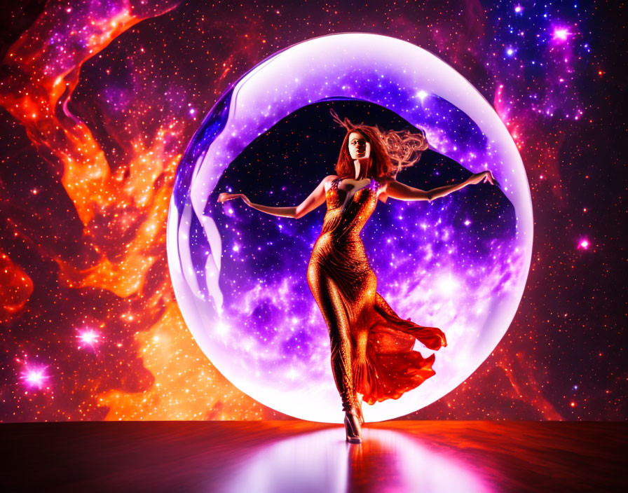 Woman in shimmering dress near cosmic portal and starry space.