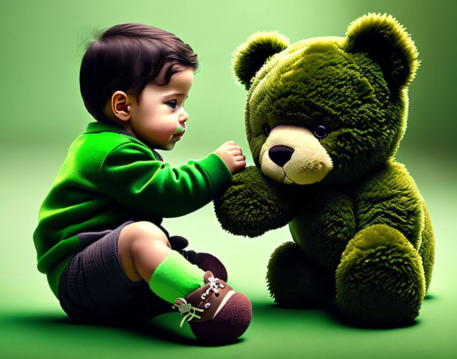 Toddler in Green Sweater with Teddy Bear on Green Background