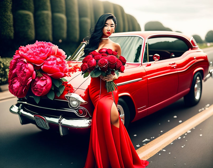 Woman in red dress with pink roses bouquet next to classic red car on lush road