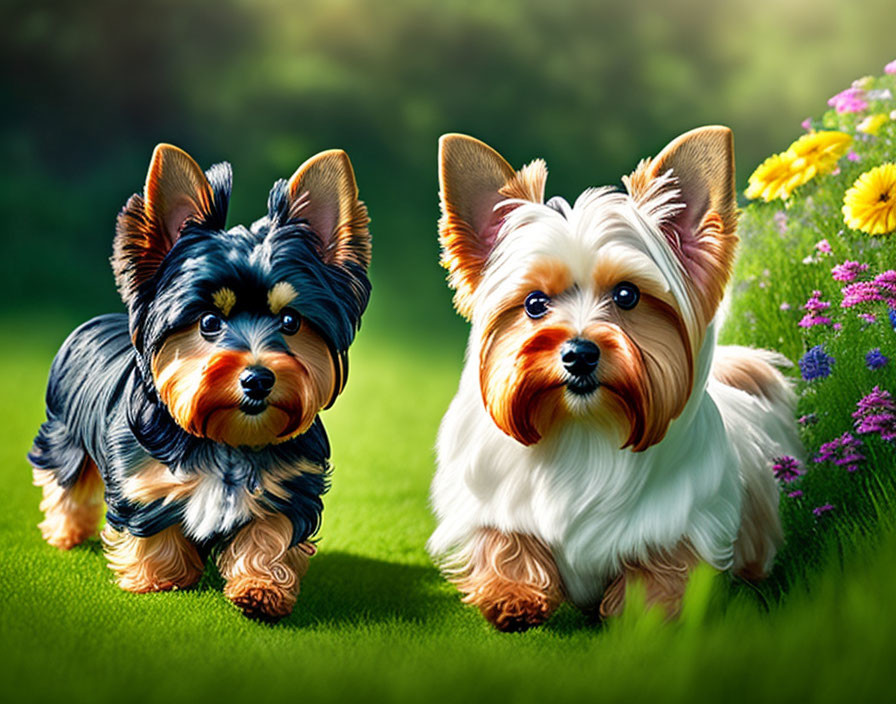 Yorkshire Terrier dogs in lush green field with colorful flowers