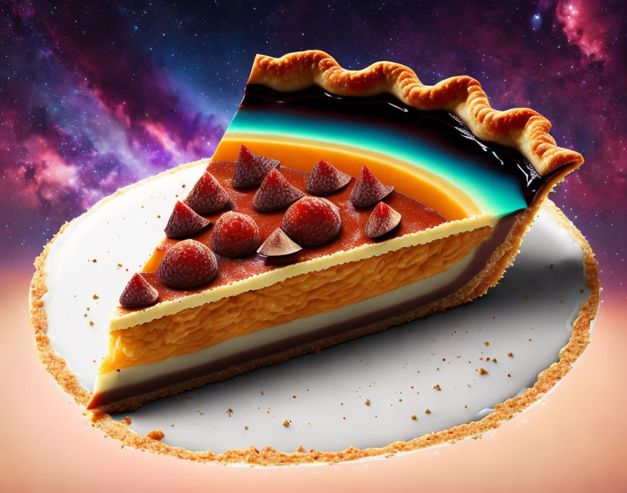 Rainbow-filled pie with strawberries and chocolate on cosmic backdrop