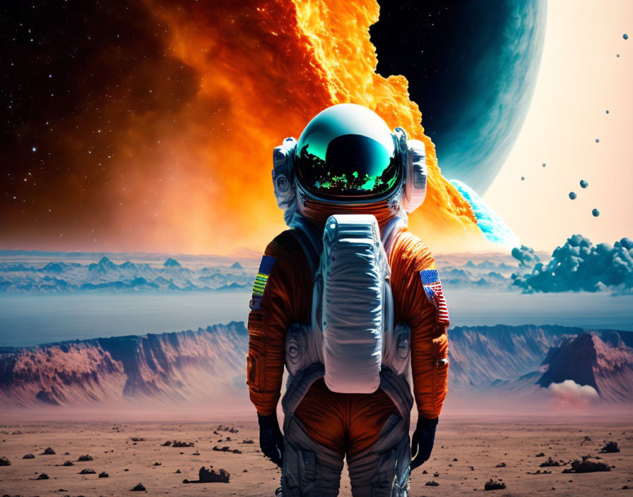 Astronaut on rocky alien planet gazes at giant planet, moon, nebula.