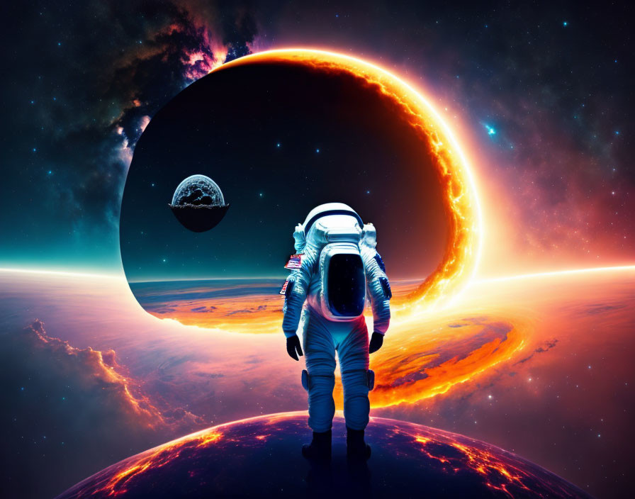 Astronaut in cosmic scene with vibrant planets and fiery ring world